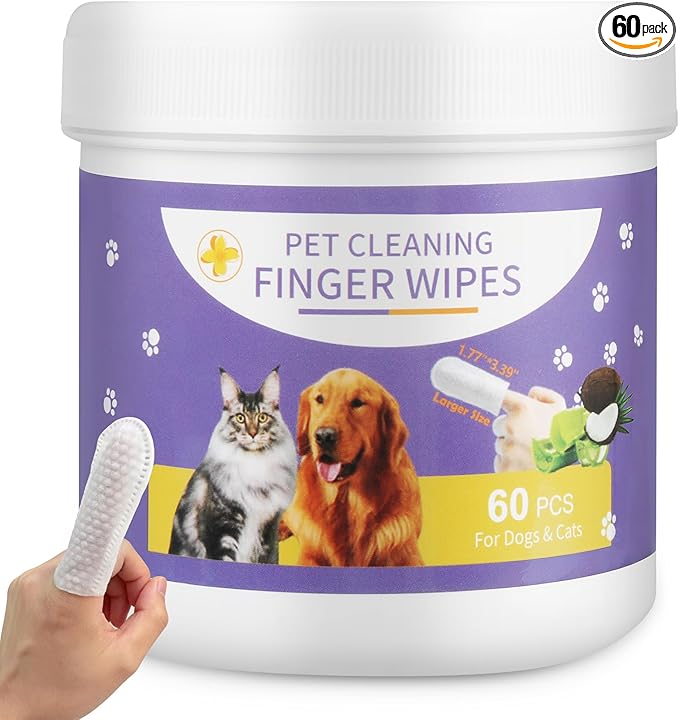 Dog Teeth Cleaning Wipes, 60 Pcs Pet Dental Cleaning Finger Wipes Tooth Brushing Kit for Dogs Cats Plaque Tartar Remove, Dog Healthy Mouth Toothbrush Finger Wipe for Pets Oral Care, Coconut Oil