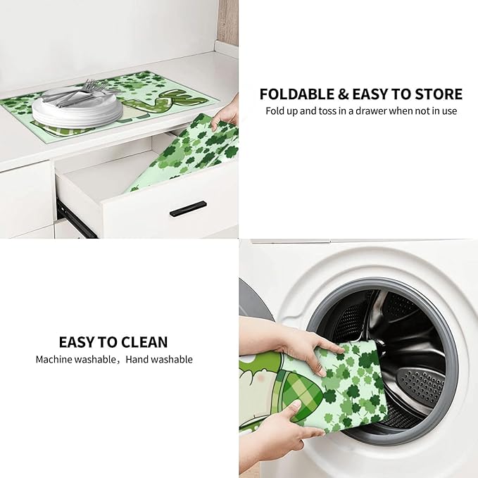 Green Clover Love Dish Drying Mat 18x24 For Kitchen Counter Absorbent Microfiber Dishes Pad Dish Drainer Rack Mats Fast Dry Kitchen Accessories