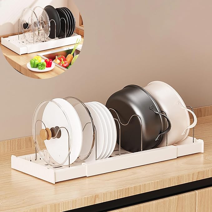 LICRUGU Pots and Pans Organizer Under Cabinet 7 Adjustable Dividers Expandable Pot Pan Lid Holder Organizers Rack inside Cabinet for Kitchen Storage Cookware, Cutting Boards, Lid, Dishes,White