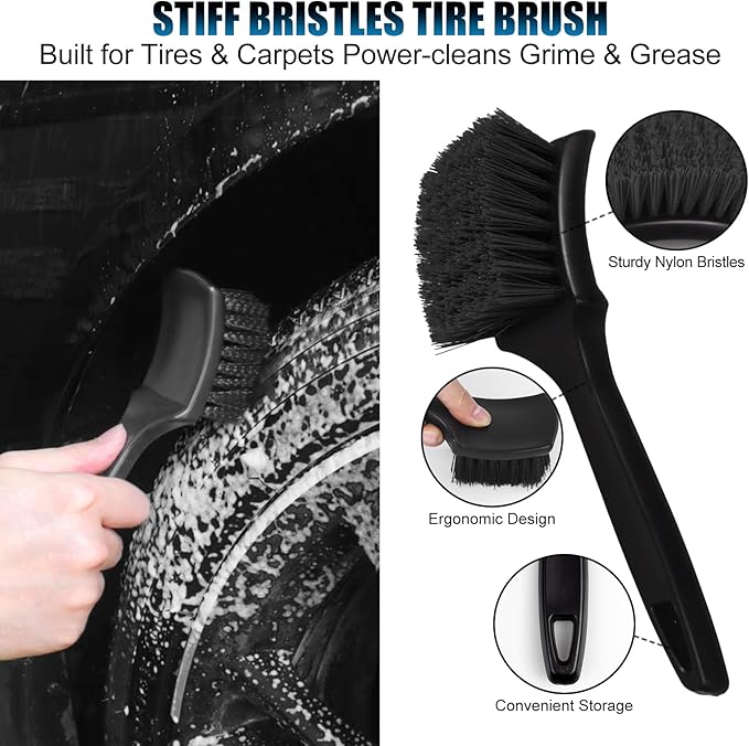 8Pcs Wheel Brush, Tire Brush, Wheel Cleaner Brush Set - 2 Soft Wheel Cleaning Brushes, Detailing Brush & Hard Tire Scrubber, Flexible and Durable Rim Cleaning Brush Kit for Wheels and Tires