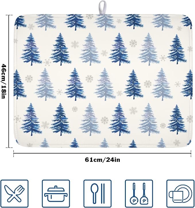 ABSOP Winter Dish Drying Mat 18 x 24 Inch Blue Tree Dish Drying Pad Absorbent Microfiber Mats for Snowflake Dish Rack Pad for Holiday Kitchen Counter Coffee Bar Decor