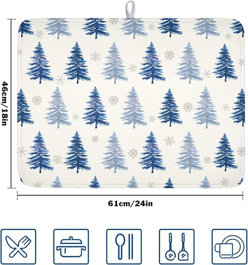 ABSOP Winter Dish Drying Mat 18 x 24 Inch Blue Tree Dish Drying Pad Absorbent Microfiber Mats for Snowflake Dish Rack Pad for Holiday Kitchen Counter Coffee Bar Decor
