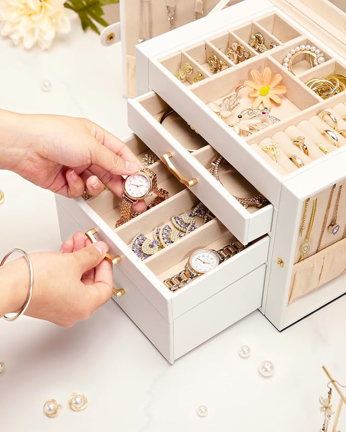 Jewelry Box with 3 Drawers: Display Organizer for Earrings Necklaces - Gift for Girls Women (White)