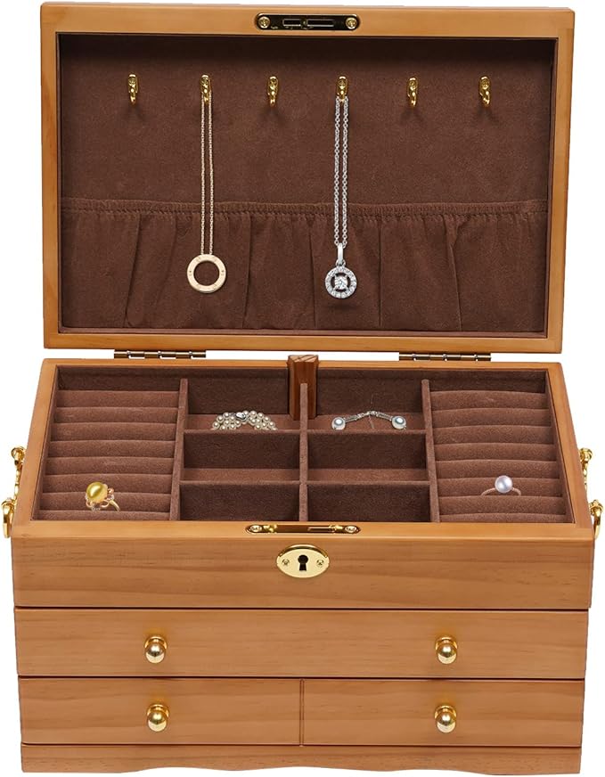 Eapmic Extra Large 3 Layers Wooden Jewelry Box Jewelry Case Cabinet Armoire Ring Necklacel Gift Storage Box Organizer(3 layers,6 built-in hooks)
