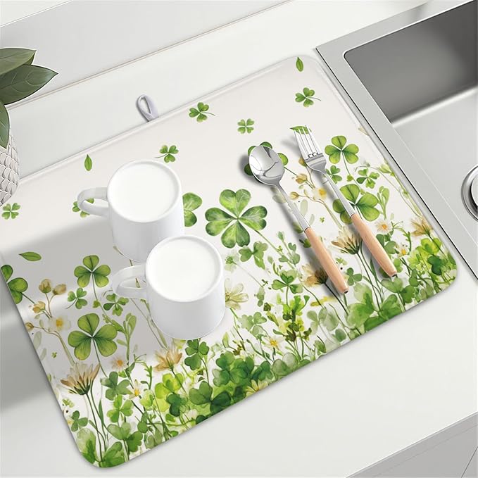 ABSOP St Patrick's Day Dish Drying Mat 18 x 24 Inch Green Clover Dish Drainer Rack Mat Absorbent Microfiber Mats for Shamrock Dish Pad Spring Lucky Dish Pad for Kitchen Bar Decor