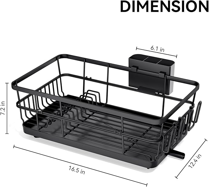 TOOLF Large Dish Drying Rack for Kitchen Counter,Kitchen Dish Racks with Drainboard,Sink Dish Strainer Rack,Countertop Dish Drainer Rack with Cup & Utensil Holders,Black