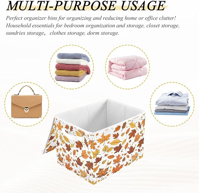 Bolaz Storage Bins with Lids and Handles,Maple Leaf Pattern Storage Box Basket with Cover Collapsible Organizer Containers for Home Closet, Shelves