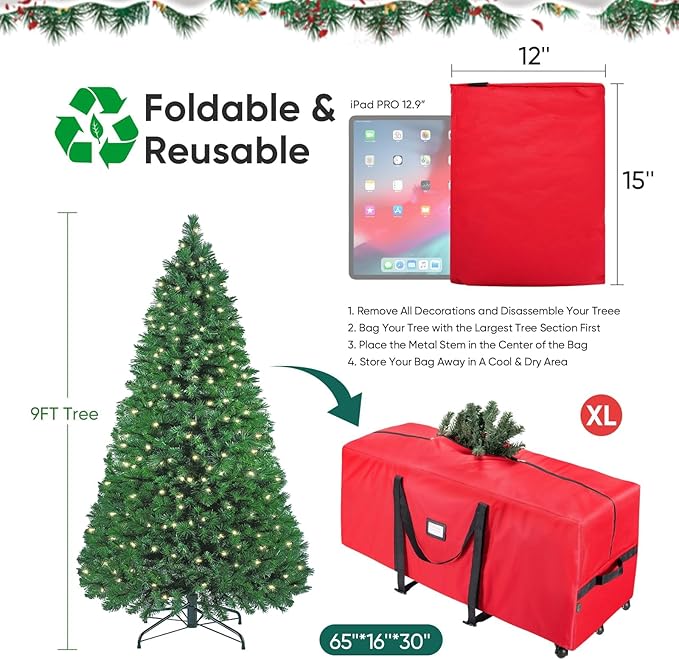 BALEINE 9 ft Rolling Christmas Tree Storage Bag, 3 Swivel Wheels for Easy Moving, Heavy Duty 600D Oxford Fabric Extra Large Artificial Christmas Tree Bag with Reinforced Carry Handles (Black)