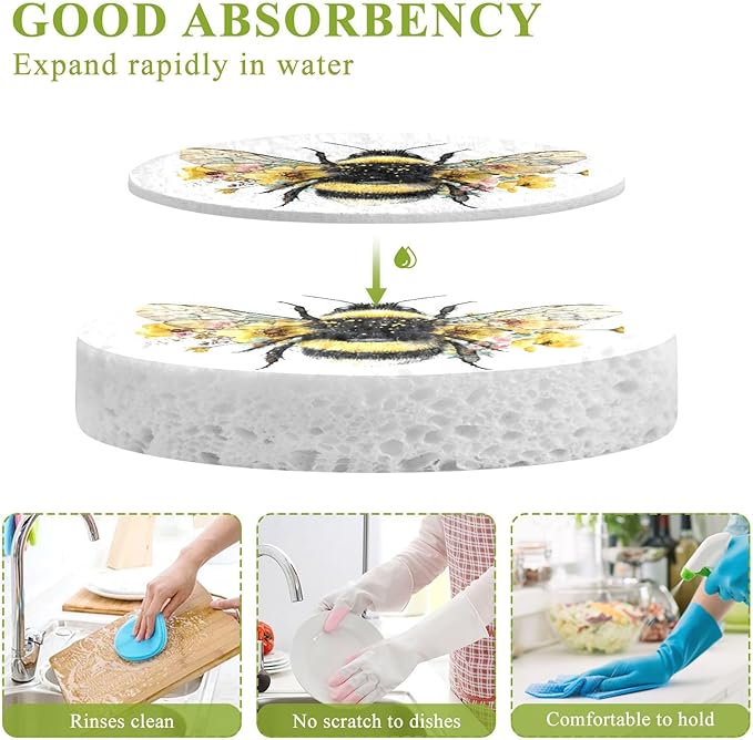 Kcldeci 3 Pack Kitchen Scrub Sponges Fluffy Bumblebee Kitchen Dish Sponge Non-Scratch Microfiber Sponge for Household Cleaning Dishes, Pots and Pans