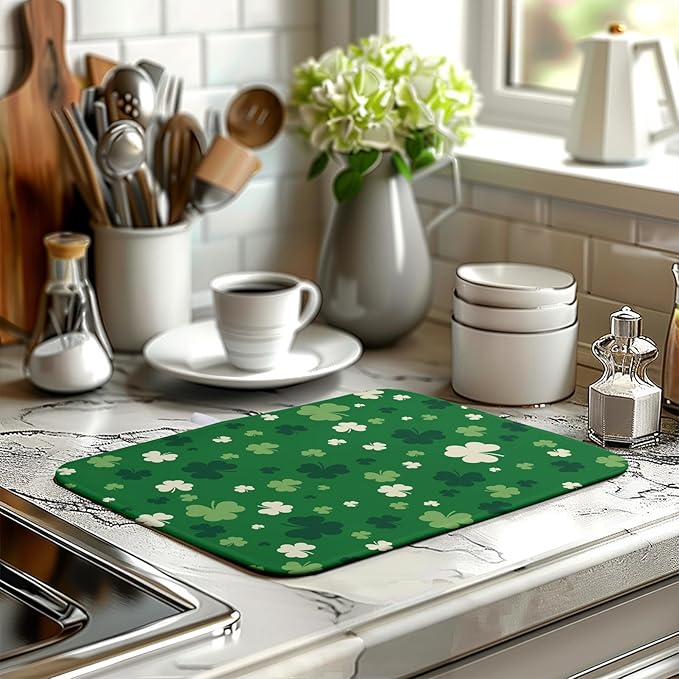 Wnoesat St.Patrick's Day Dish Drying Mat for Kitchen Counter Green Shamrock Drying Mats Spring Lucky Clovers Draining Pad Microfiber Absorben Dish Drainer Rack Mat Reusable Washable Dry Mat 16x18 Inch