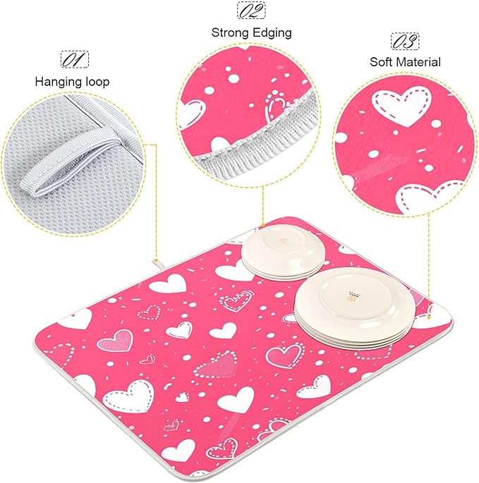 Hot Pink Love Dish Drying Mat for Kitchen Countertop 16x18 Happy Valentine’s Day Heart Small Drying Mat Reusable Quick Dry Dish Sink Mats Easy Clean Decorative Essentials