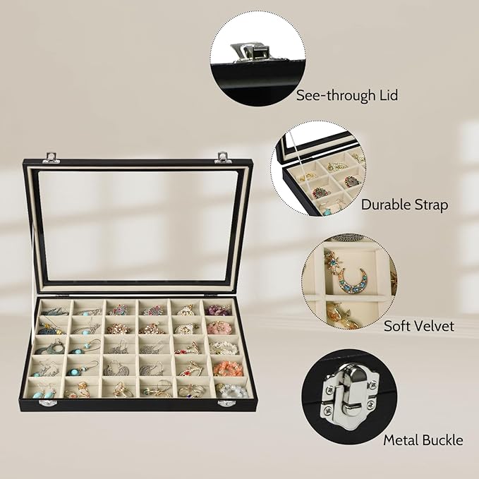 Stratalife Earring Organizer Jewelry Holder Organizer Drawer Earring Storage Jewelry Tray with Clear Lid Ring Box for Women Girls Anti Tarnish 30 Grid (Beige Black)