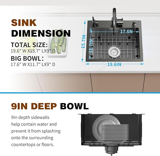 Black 19.7x15.7 Inch Kitchen And Bar Sink - Stainless Steel Drop In Small Single Bowl Kitchen Sink Come With Bottom Grid, Colander And Drain Assembly Set Ideal Choice For Small Spaces Kitchen&Bar