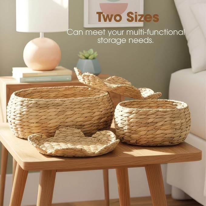 Boho Rattan Basket Set of 2, Scalloped Wicker Storage Baskets with Lids, Handwoven Woven Storage Basket Decorative Basket, Vintage Picnic Basket, Wicker Bread Basket, Natural Decorative Storage