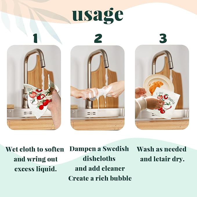 LARTSFRO Swedish Dishcloths for Kitchen, Swedish Dish Cleaning Cloths for Vegetable, Beet Chili Tomato Peas，Papaya Reusable Paper Towels, 4 Pack Dish Towels for Kitchen, Reusable Dishcloths Washable