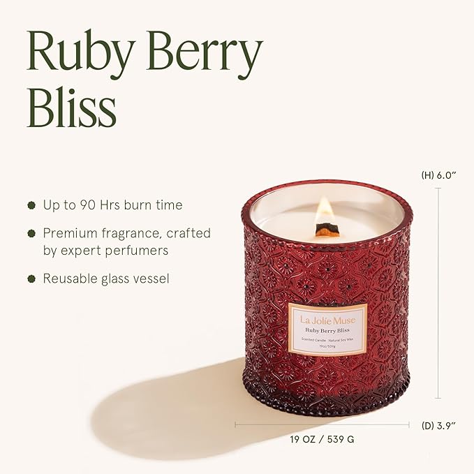 LA JOLIE MUSE Ruby Berry Bliss Scented Candle | Mandarin, Cranberry & Plum | 19 oz Natural Soy Candle | Wooden Wick | 90-Hour Clean Burn | Valentines Gifts for Her | Cozy Home Decor