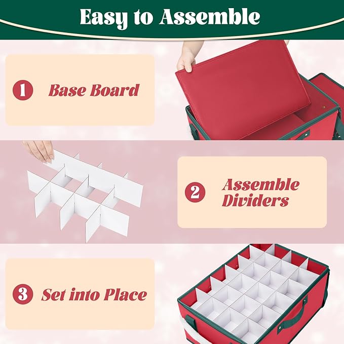 Christmas Ornament Storage Box Holiday Ornaments Storage Container Bin Zippered Top Ball Storage with Adjustable Dividers Holds 72 Ornaments (3 Inch) Red