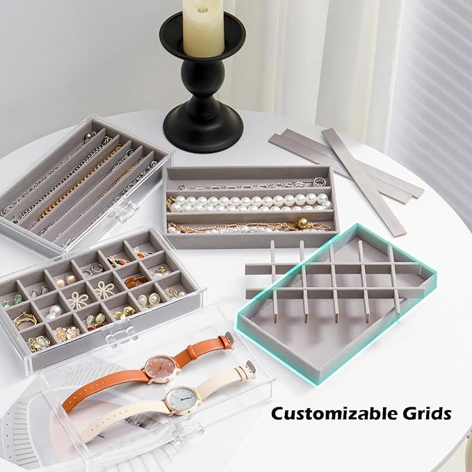 Jewelry Organizer with 5 Drawers Clear Acrylic Earring Display Case Velvet Jewelry Storage Box Display Holder for Earring Ring Bracelet Necklace (Gray, 48 Grids)