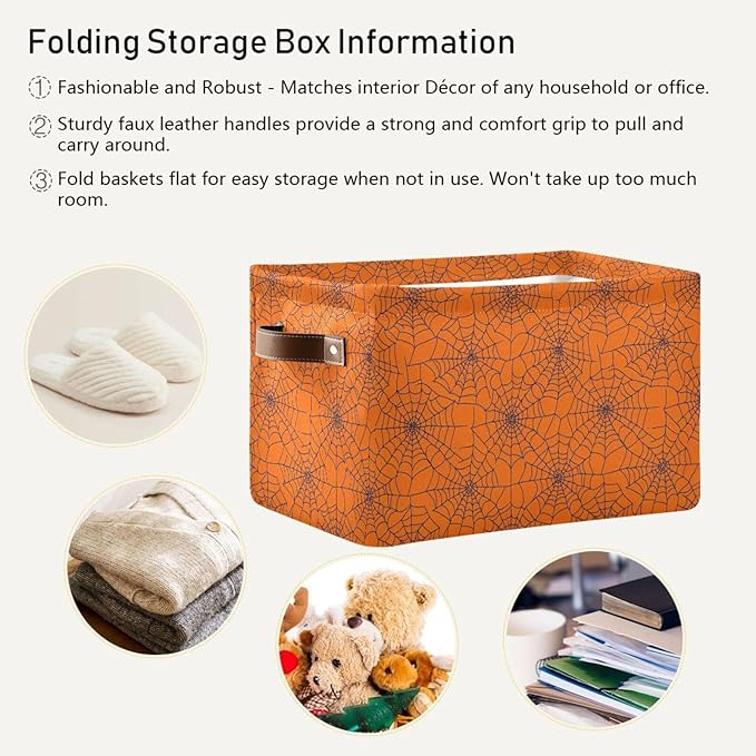 ALAZA Spider Web Orange Cute Halloween Foldable Storage Box Storage Basket Organizer Bins with Handles for Shelf Closet Living Room Bedroom Home Office 2 Pack
