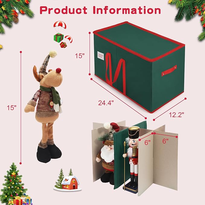 Christmas Nutcrackers Storage Box Stores 8 Figurines and Nutcrackers Sized 15 Inches, Holiday Nutcrackers Organizer with Adjustable Dividers, Extra Pockets, 600D Oxford Fabirc, Durable Handle (Green)