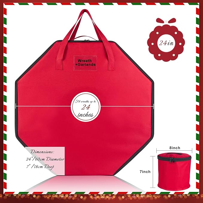 Wreath Storage Christmas Garlands Bag with Interior Pockets Large Xmas Container Box for Holiday Decorations Case with Dual Zipper and Handles Window Labeling Card Slot 24" Red