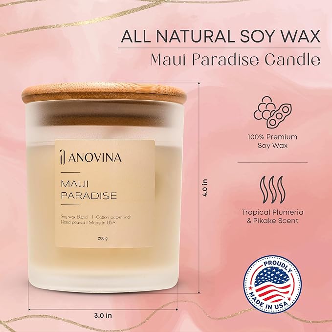 Anovina Maui Paradise Hawaii Candle for Home Scented – Hawaiian Gifts for Women – Natural Soy Wax Blend, 60 Hours Burn – Notes of Persimmon, Papaya, Pikake, and Jasmine