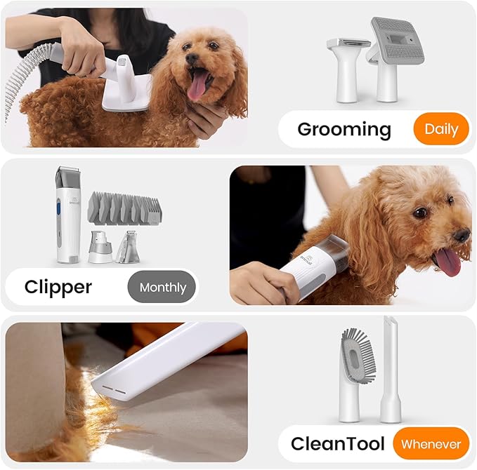 oneisall Dog Grooming Vacuum, Pet Grooming Vacuum with Clipper Nail Grinder, 1.5L Dust Cup Dog deshedding Vacuum Brush with 7 Tools for Shedding Pet Hair, Home Cleaning（Grey）