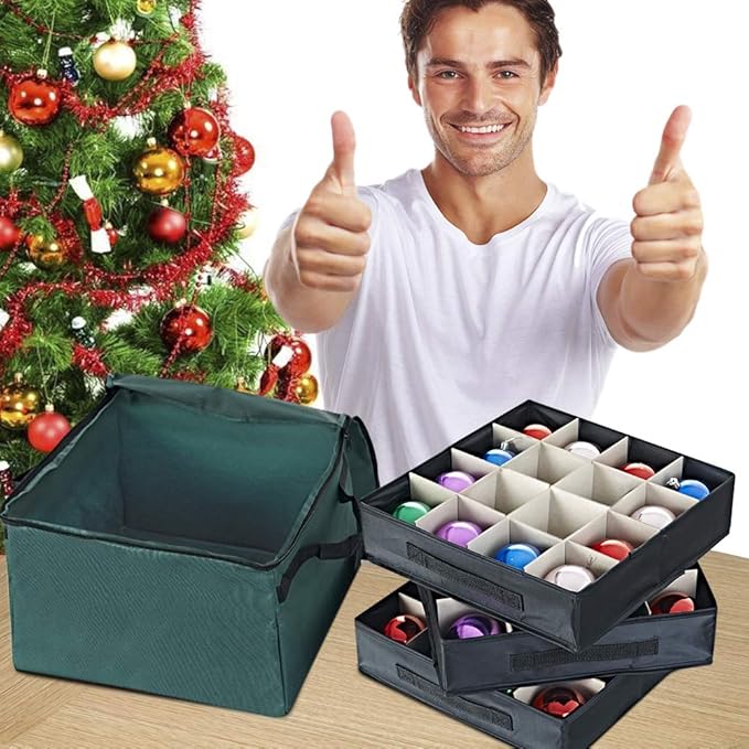 ProPik Christmas Ornament Storage Box, Organizer Holds Up to 48 Xmas Balls with 3 Separate Removable Trays, Container has Dividers to Organize Holiday Tree Ornaments (Green)