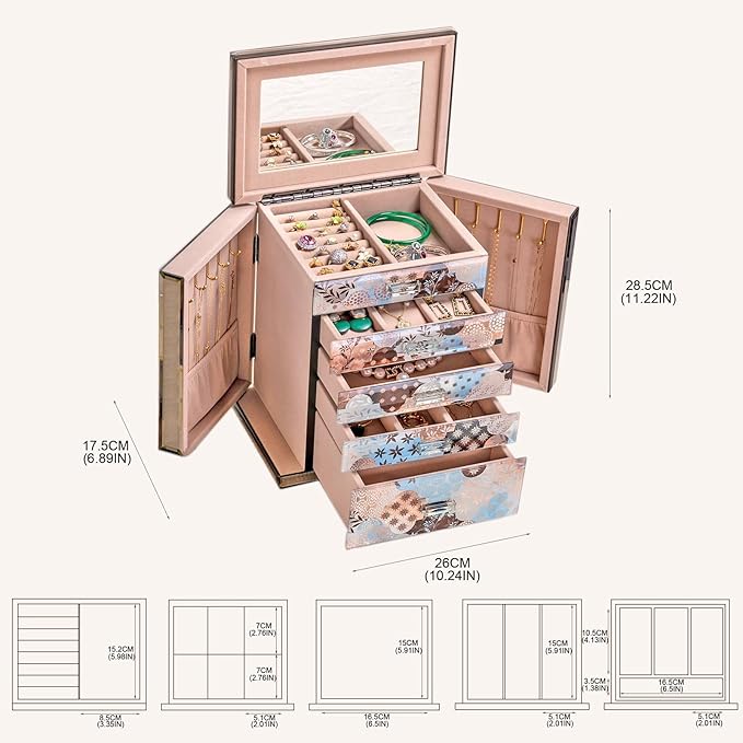 High End Glass Jewelry Box - 5 Layer Jewelry Organizer with 2-Sided Doors and Mirror - Velvet-Lined Organizer For Ring, Necklace, Earring, Bracelet Storage - Valentine's Day Gift For Women