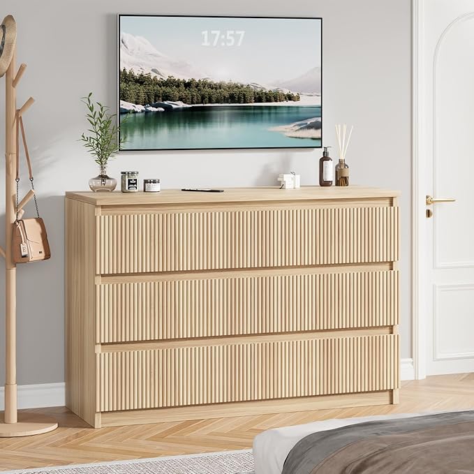 Oak 6 Drawer Dresser for Bedroom, Modern Fluted Dresser, Bedroom Dressers with Drawers, Large Double Wooden Chest of Drawers for Living Room, Hallway