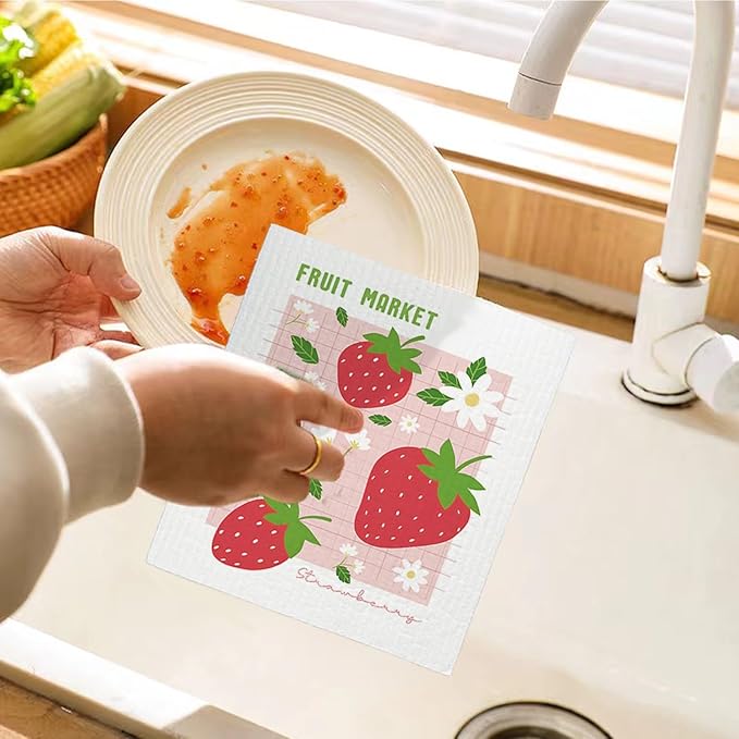 LARTSFRO Swedish Dishcloths for Kitchen, Pink Strawberries Peach Cherry Lemon Swedish DishCloths for Friut Market, 4 Pack Dish Towels for Kitchen, Papaya Reusable Paper Towels Washable