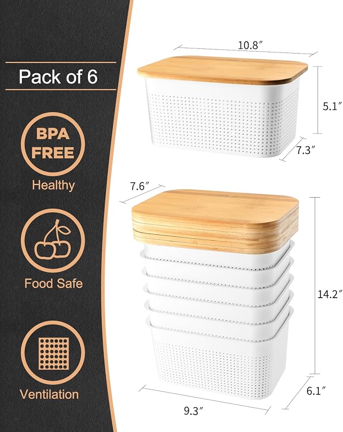 AREYZIN Plastic Storage Bins with Bamboo lids and Stackable Storage Baskets for Shelves - Organize Your Home or Office with These Space-Saving Storage Solution,6 Pack,White