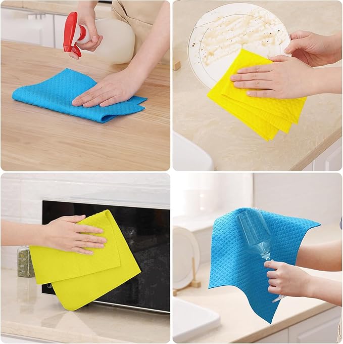 AMOUR INFINI Swedish Dishcloth Cellulose Sponge 8 Pack - No Odor, Resuable and Absorbent Cleaning Cloths for Kitchen, Bathroom, Glass Surface, Furniture (8"x7" Inch - Yellow)