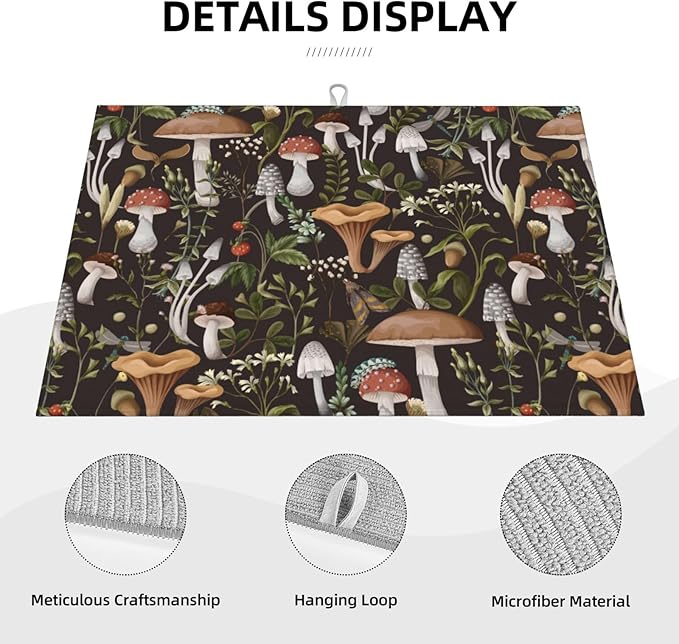 Cute Mushroom Dish Drying Mat For Kitchen Counter 18 X 24 In, Microfiber Absorbent Dish Drainer Mat With Hanging Loop Reversible Dish Drainer Mats Countertops Protector Pad (Vintage Dark Forest )