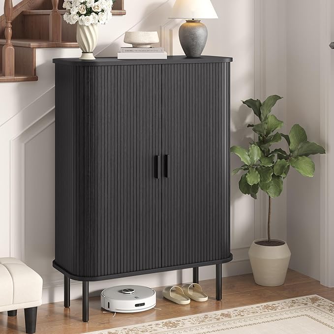 Shoe Storage Cabinet with Adjustable Shelves, 6-Tier Mid-Century Modern Shoe Organizer with Sliding Door, Shoe Storage Organizer for Entryway Hallway Living Room (Black)