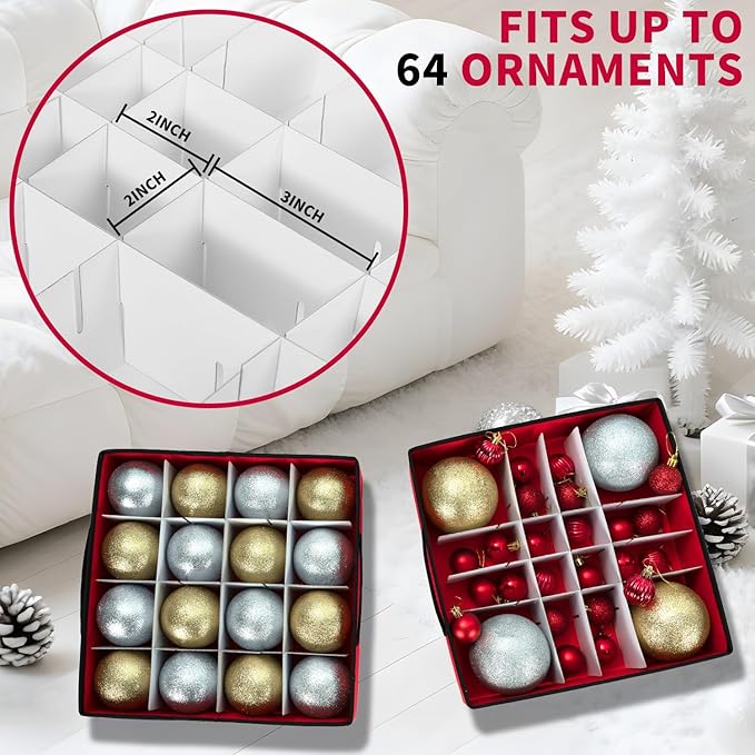 Christmas Ornament Storage Box With Adjustable Dividers,Ornament Storage Container With 4 Removable Trays for 64 Holiday Decorations,Red
