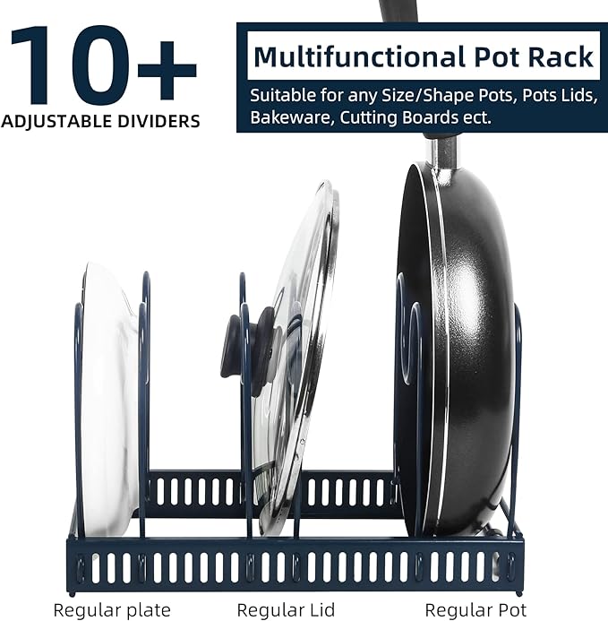ROOHUA Expandable Pot and Pan Organizer - Cabinet Pot Lid Holder with 10 Adjustable Compartments for Cookware, Baking, Frying (Dark Blue, 10)