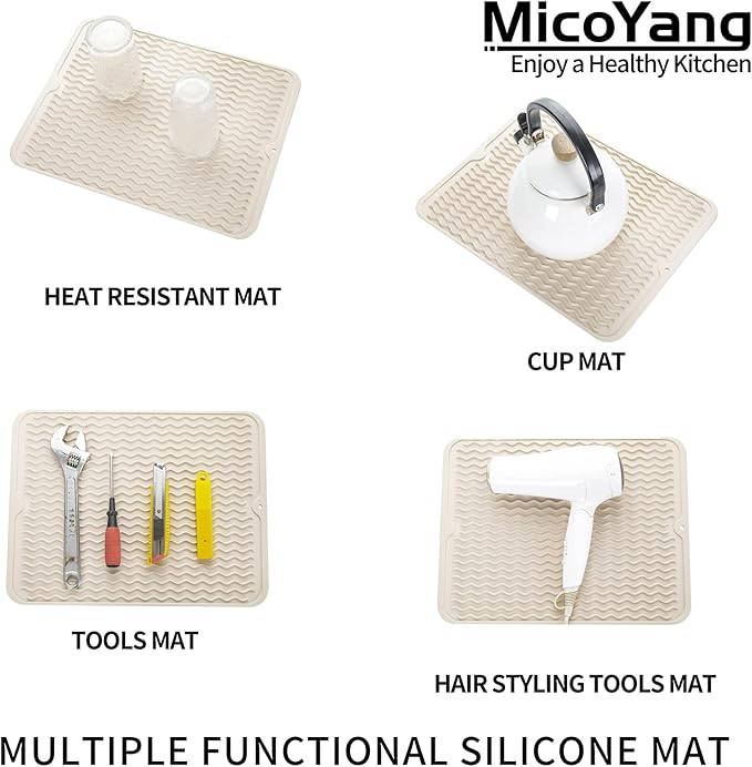 MicoYang Silicone Dish Drying Mat for Multiple Usage,Easy clean,Eco-friendly,Heat-resistant Silicone Mat for Kitchen Counter or Sink,Refrigerator or drawer liner Tapioca L 16 inches x 12 inches