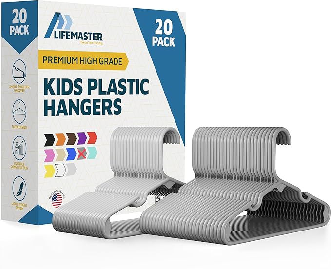 Lifemaster Plastic Kids Clothes Hangers – Children Clothes Hanger with Shoulder Notch, 11.6 Inch Space-Saving Closet Organizer for Baby, Toddler, and Kids Clothing, Hold Up to 5 lbs, Pack of 20, Gray