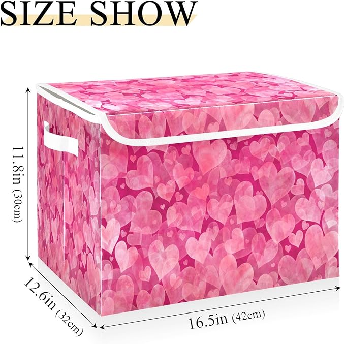 Bolaz Storage Bins with Lids and Handles,Valentines Day Pink Hearts Storage Box Storage Basket with Cover Collapsible Organizer Containers for Home Closet, Shelves