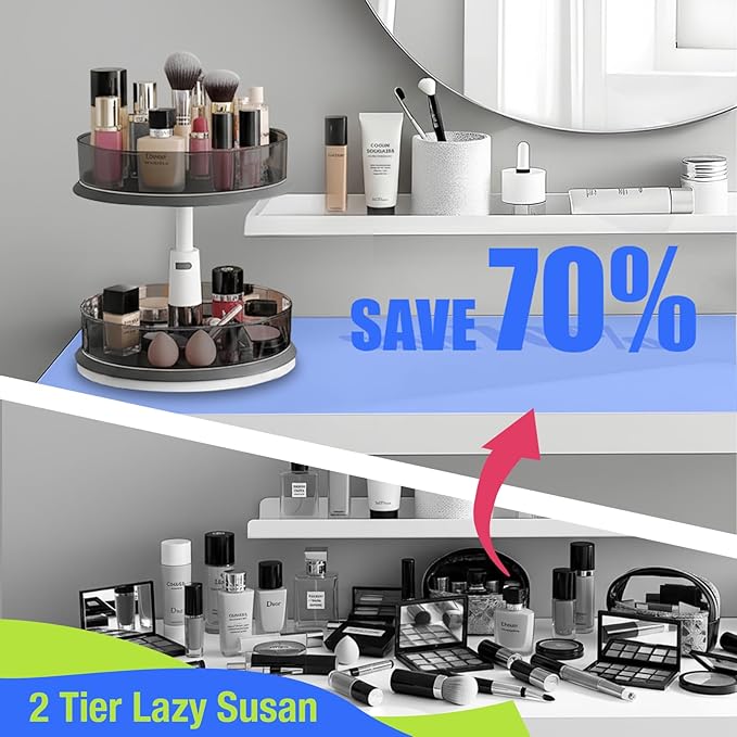 DIHUMK 2 Tier Lazy Susan Turntable Organizer for Medicine Cabinet Bottle Pantry Countertop with Clear Large Spice Rack 11 Inch Grey