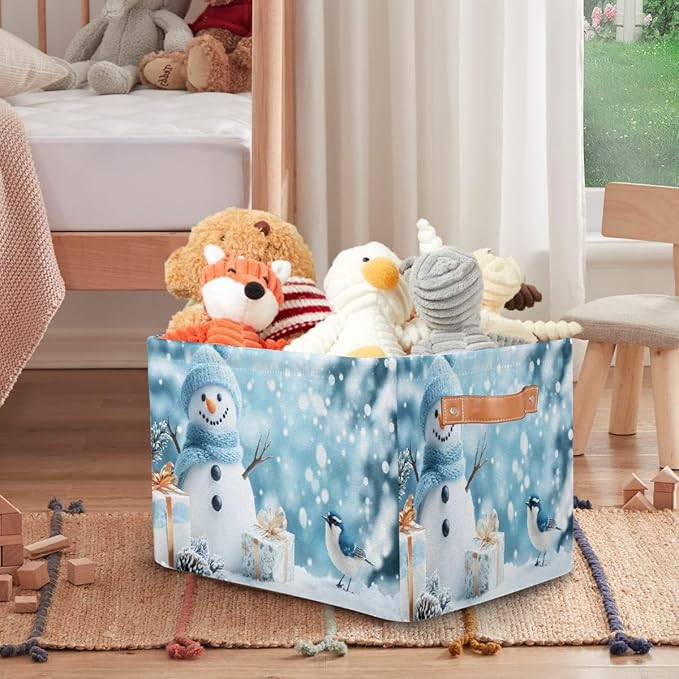 Storage Baskets Bin, Christmas Winter Snowman Collapsible Canvas Fabric Storage Bin Decorative Baskets Toy Organizer Rectangle Storage Boxes with Handles for Home Shelves Nursery, J-016