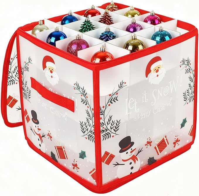 Pwsap 64 Christmas Ornament Storage Box with Handles, Santa Claus Storage Containers Organizer Bag with Dividers, Ultimate Organizer for 3In Xmas Ornaments, Seasons Balls, Holiday Decoration