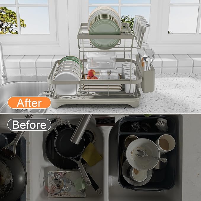 HOMEBOSILY Dish Drying Rack for Kitchen Counter,Two-Tier Dish Rack with Utensil Holder, Auto-Draining Dish Racks, Large Capacity Dish Drainer Organizer for Plates, Bowls, Cups with Drainboard Grey