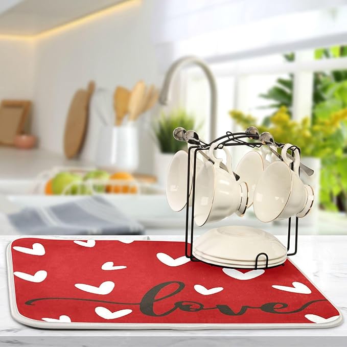 Happy Valentine's Day Dish Drying Mat for Kitchen Red White Love Heart Microfiber Drying Mats Absorbent Reversible Dish Pad Large Dish Draining Mat 18x24 inch