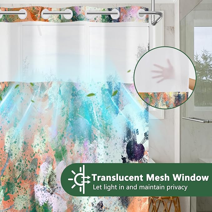 Abstract Colorful Shower Curtain with Liner, Watercolor Modern Aesthetic Bathroom Curtains, Hotel Style Double Layers No Hook Shower Curtain, Washable Waterproof Fabric, Green Yellow 71x74 inch