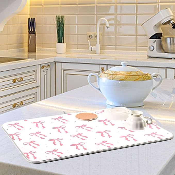 Pink Bow Bowknot Dish Drying Mat for Kitchen Countertop 16x18 Rectangle Small Drying Mat Reusable Quick Dry Dish Sink Absorbent Mats Dishwasher Easy Clean Decorative Home Decor Essentials