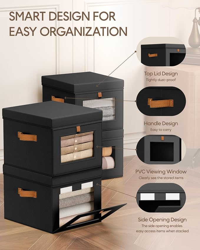 Storage Bins with Lid – Closet Organizer with Side Opening and Clear Window, Foldable Stackable Fabric Basket for Clothes, Home, Office - 13.77" x 11.8" x 9.8", 4 Pack, Black