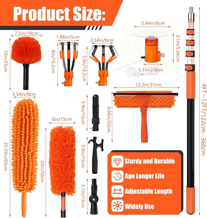 20FT Light Bulb Changer for High Ceilings with 5-12FT Heavy Duty Extension Pole,High Ceiling Ceiling Fan Cleaner Duster Kit for Home & House High Window, Interior Roof Window Cleaning Orange