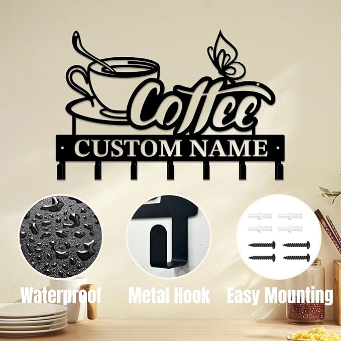 Personalized Custom Name Coffee Bar Wall Keys Hooks,Metal Coffee Shop Art Clothes Hooks,Metal Coffee Lover Wall Home Storage Decorative,For Front Door, Hallway, Kitchen, Bedroom,Keys,Hats (Style G)